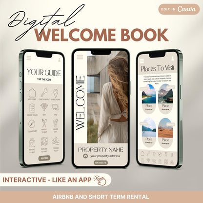 A promotional image for a digital Airbnb Welcome Book template, designed to look and function like an app.