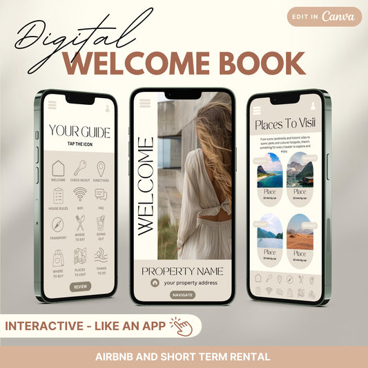 A promotional image for a digital Airbnb Welcome Book template, designed to look and function like an app.