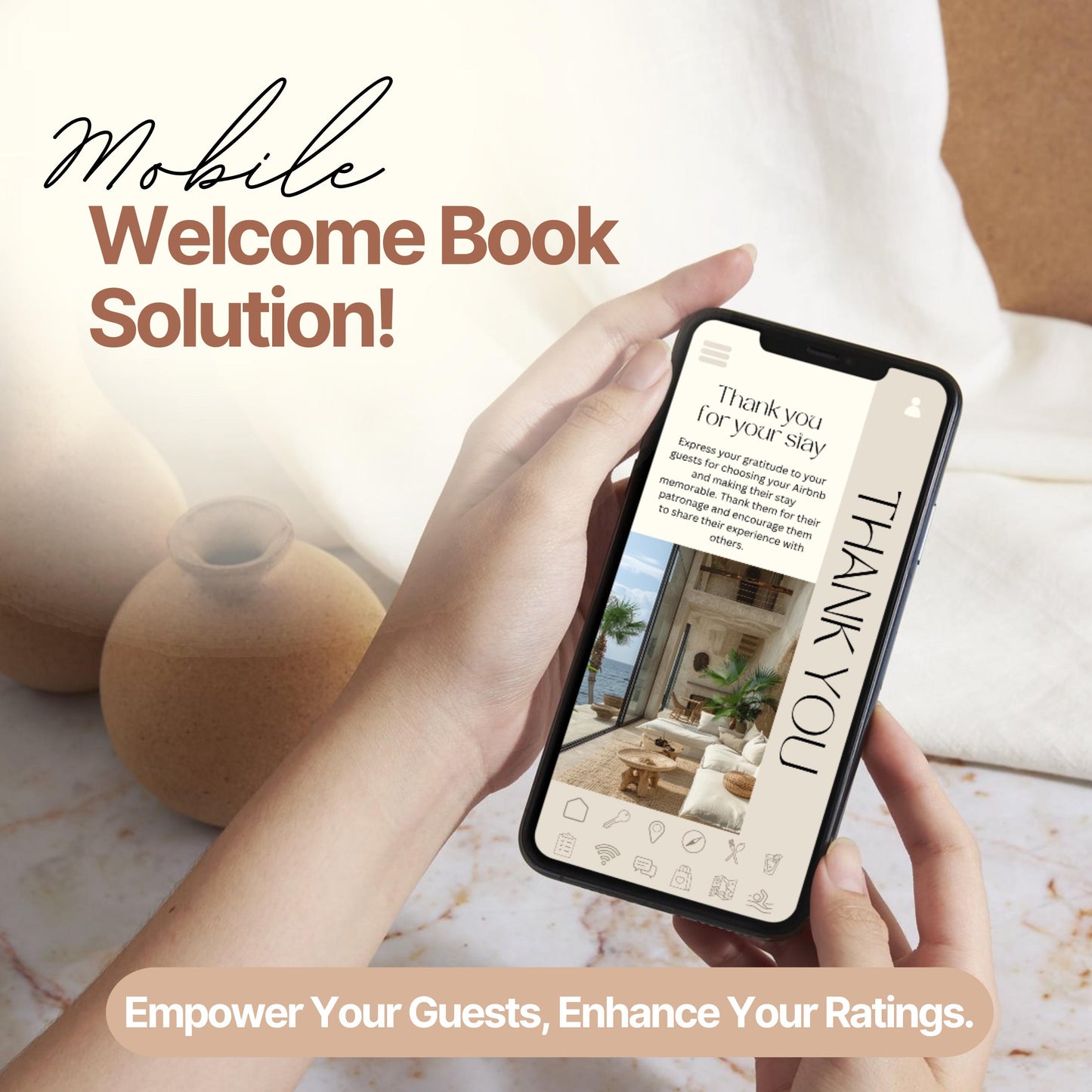 A person holds a smartphone displaying a digital Airbnb welcome book page with a "Thank You" message and a photo of a cozy outdoor seating area. The screen features an easy-to-navigate menu bar at the bottom with icons for various guest resources.