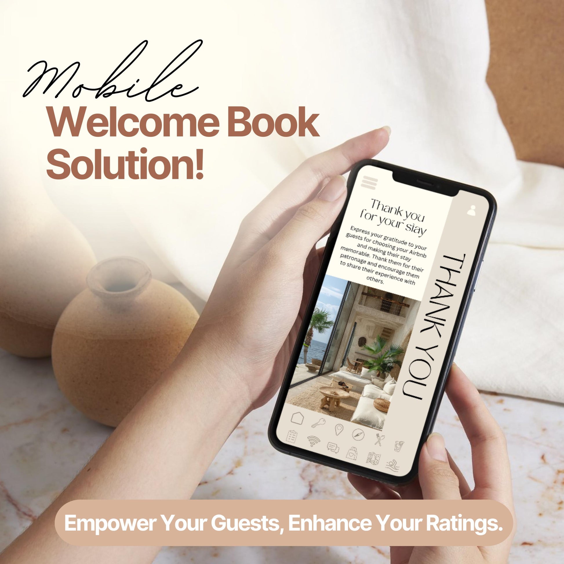 A person holds a smartphone displaying a digital Airbnb welcome book page with a "Thank You" message and a photo of a cozy outdoor seating area. The screen features an easy-to-navigate menu bar at the bottom with icons for various guest resources.