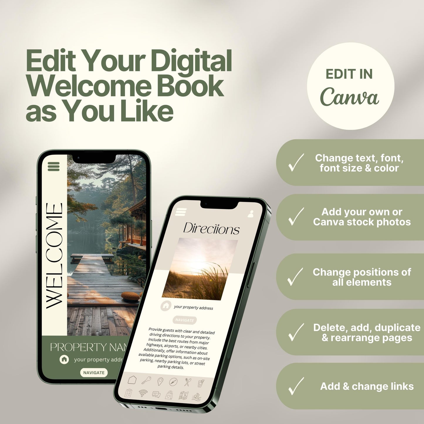 Editable Airbnb host welcome guide template, featuring welcome messages, house description, and host introduction. Includes checklist of customizable elements such as text, photos, layout, and links, all editable in Canva.