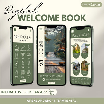 A promotional image for a digital Airbnb Welcome Book template, designed to look and function like an app.