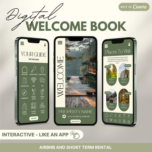 A promotional image for a digital Airbnb Welcome Book template, designed to look and function like an app.