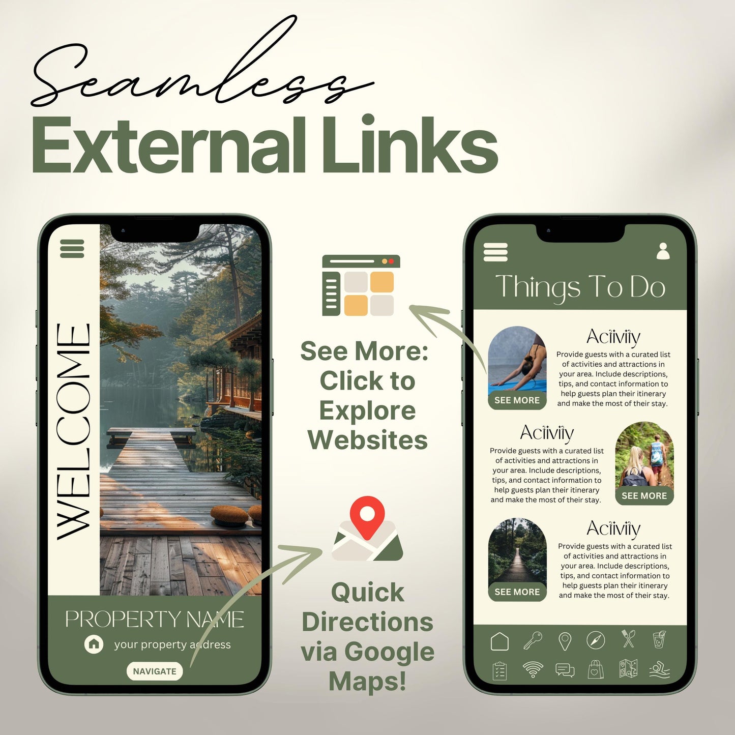 Arrows and icons highlight features like "See More: Click to Explore Websites" and "Quick Directions via Google Maps!" The design emphasizes seamless integration of external links for an interactive guest experience.