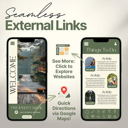 Arrows and icons highlight features like "See More: Click to Explore Websites" and "Quick Directions via Google Maps!" The design emphasizes seamless integration of external links for an interactive guest experience.