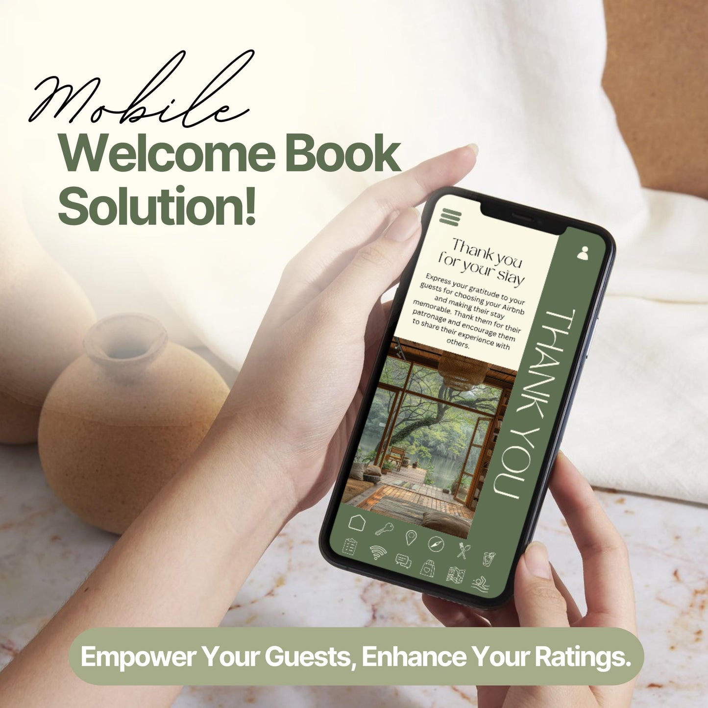 A person holds a smartphone displaying a digital Airbnb welcome book page with a "Thank You" message and a photo of a cozy outdoor seating area. The screen features an easy-to-navigate menu bar at the bottom with icons for various guest resources.