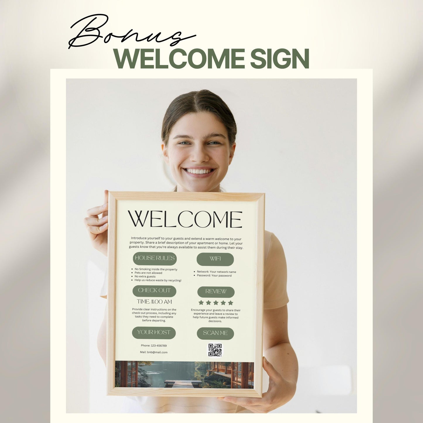 A smiling woman holds a framed "Welcome" sign designed for Airbnb or short-term rental guests. The sign includes sections for house rules, WiFi details, check-out time, review encouragement, and host contact information.