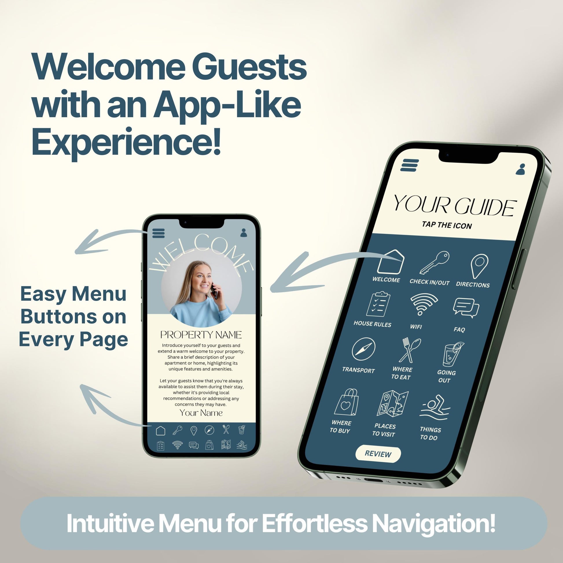 Promotional graphic showing a digital Airbnb welcome guide designed to mimic a mobile app. 