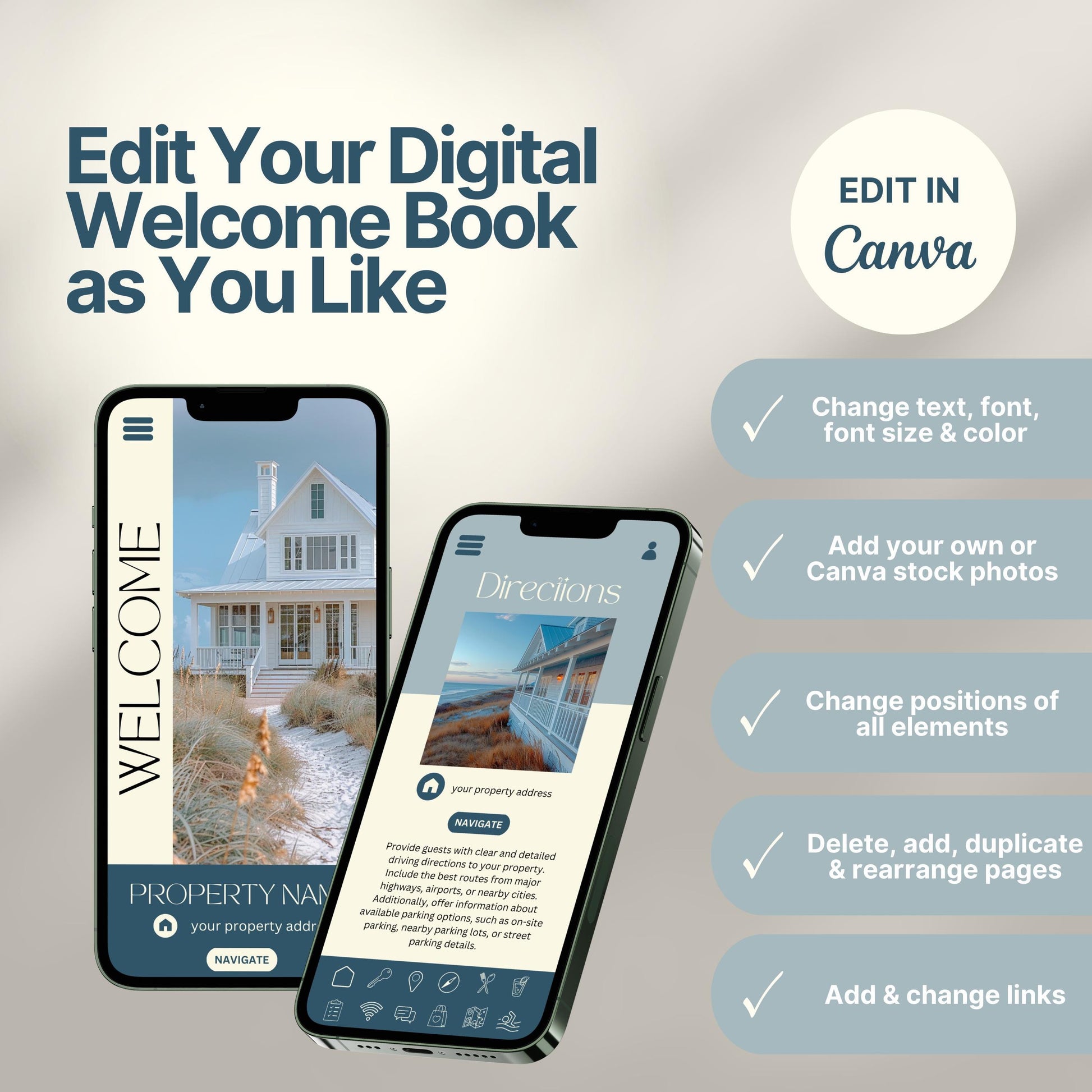 Two smartphones showcase an editable digital Airbnb welcome book. On the right side, a list highlights customization features in Canva: change text, font, and colors; add photos; move elements; edit pages; and update links. The design emphasizes full creative control for hosts.