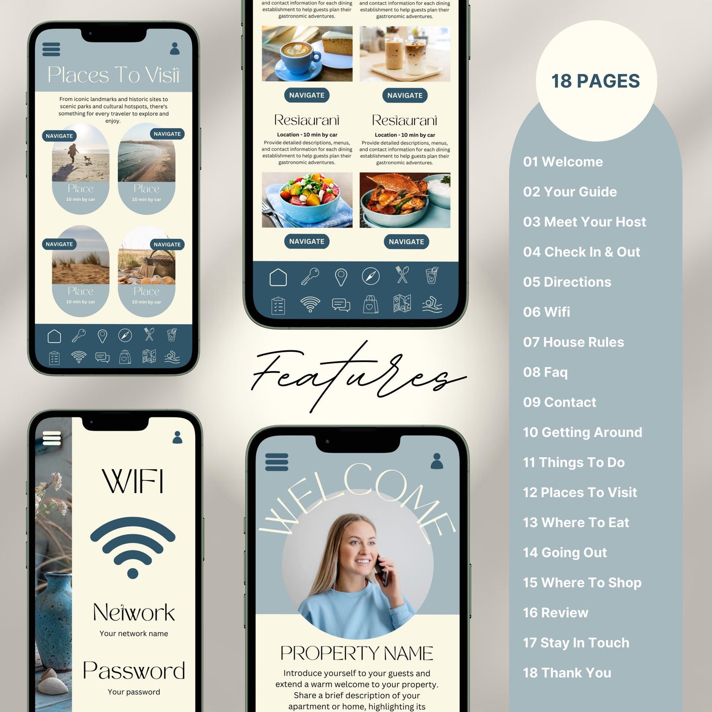 Digital welcome book preview displayed on four smartphone screens, showcasing a mobile-friendly Airbnb or short-term rental guide. The interface features beautifully designed sections such as “Welcome,” “WiFi Info,” “Places to Visit,” and “Where to Eat,” with intuitive icons and “Navigate” buttons.