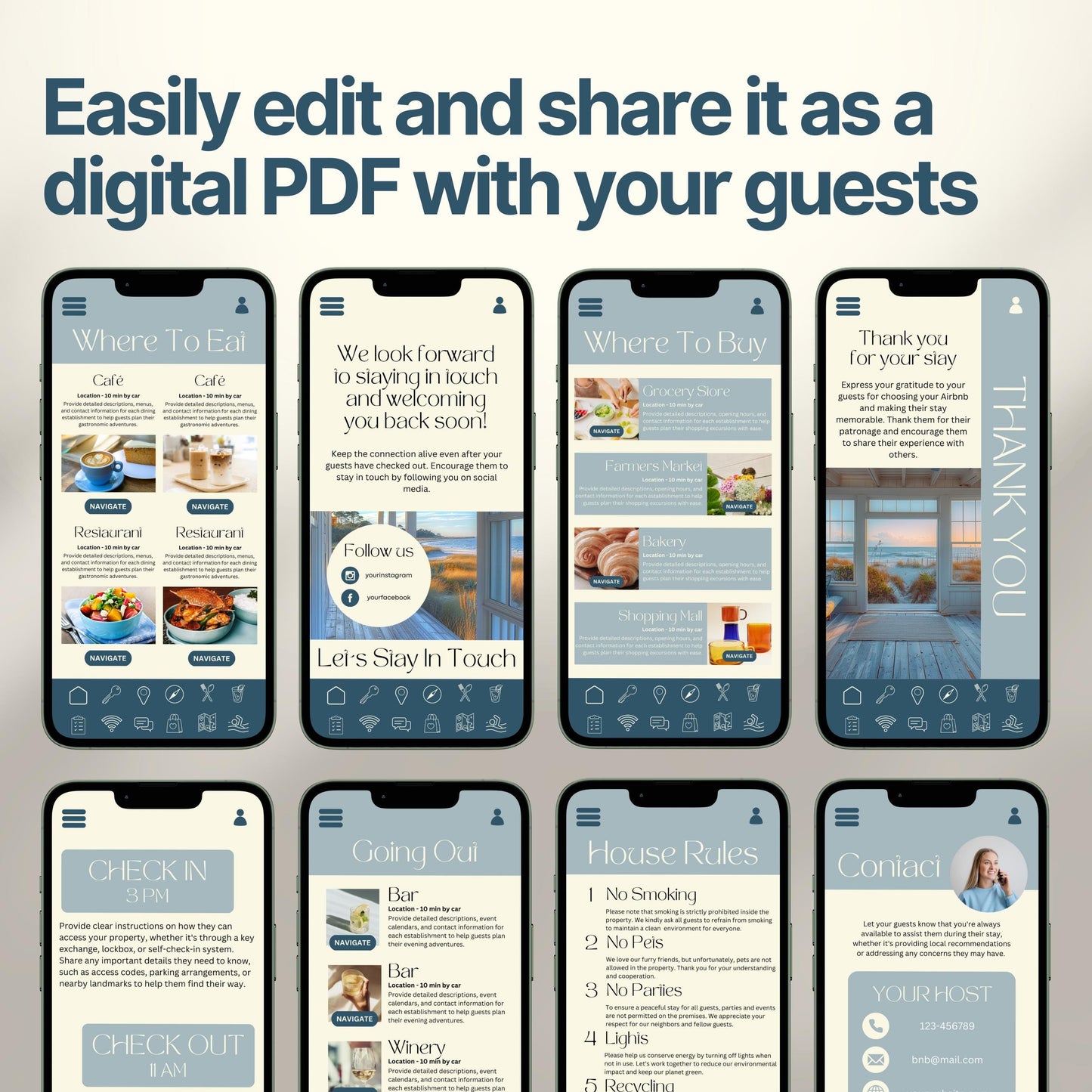 Smartphones display various pages of a digital Airbnb welcome book. The top header reads, "Easily edit and share it as a digital PDF with your guests," emphasizing customization and digital sharing convenience.