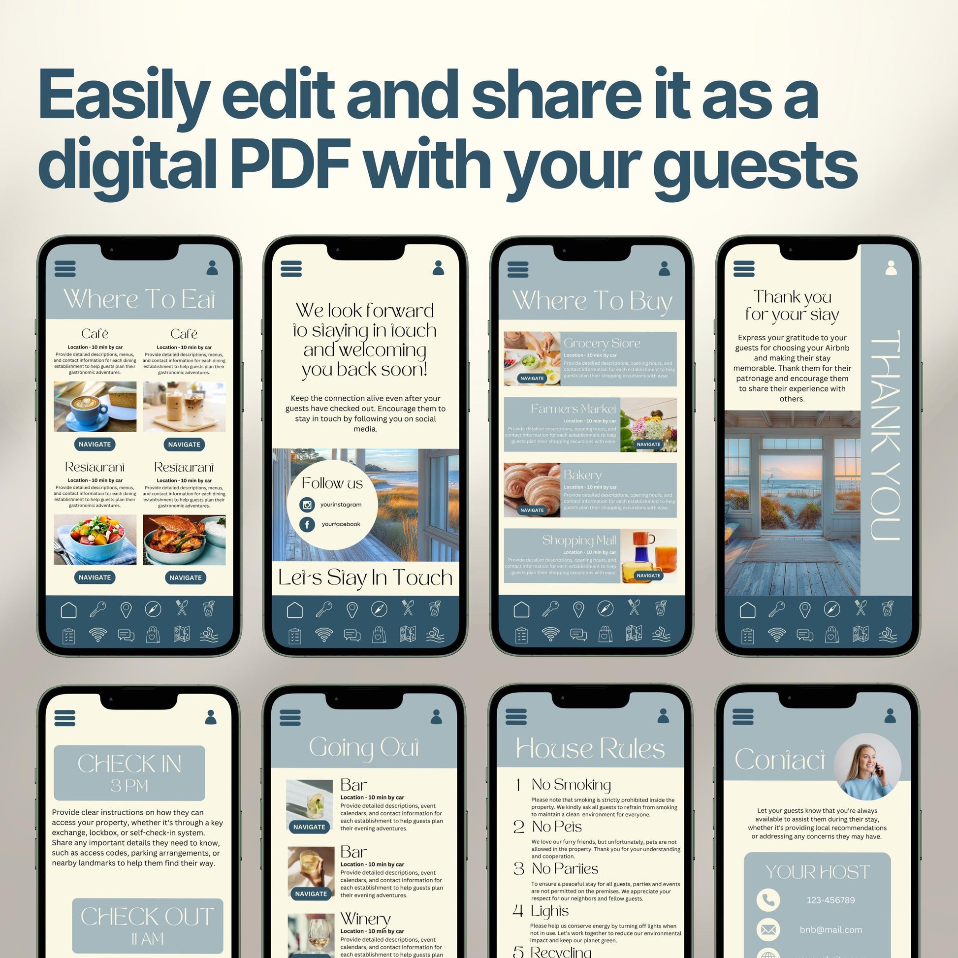 Smartphones display various pages of a digital Airbnb welcome book. The top header reads, "Easily edit and share it as a digital PDF with your guests," emphasizing customization and digital sharing convenience.