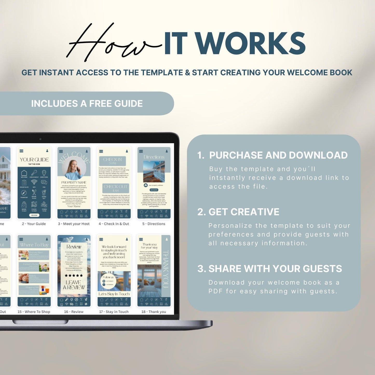 A promotional image explains how to use a digital Airbnb welcome book template. The text reads "How It Works" with a subheading, "Get instant access to the template & start creating your welcome book." A laptop displays thumbnails of different template pages. Three steps are highlighted in a peach-colored box: 1) Purchase and download, 2) Get creative by personalizing, and 3) Share with your guests as a PDF.