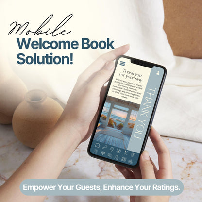 A person holds a smartphone displaying a digital Airbnb welcome book page with a "Thank You" message and a photo of a cozy outdoor seating area. The screen features an easy-to-navigate menu bar at the bottom with icons for various guest resources.