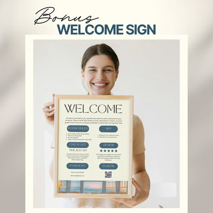 A smiling woman holds a framed "Welcome" sign designed for Airbnb or short-term rental guests. The sign includes sections for house rules, WiFi details, check-out time, review encouragement, and host contact information.