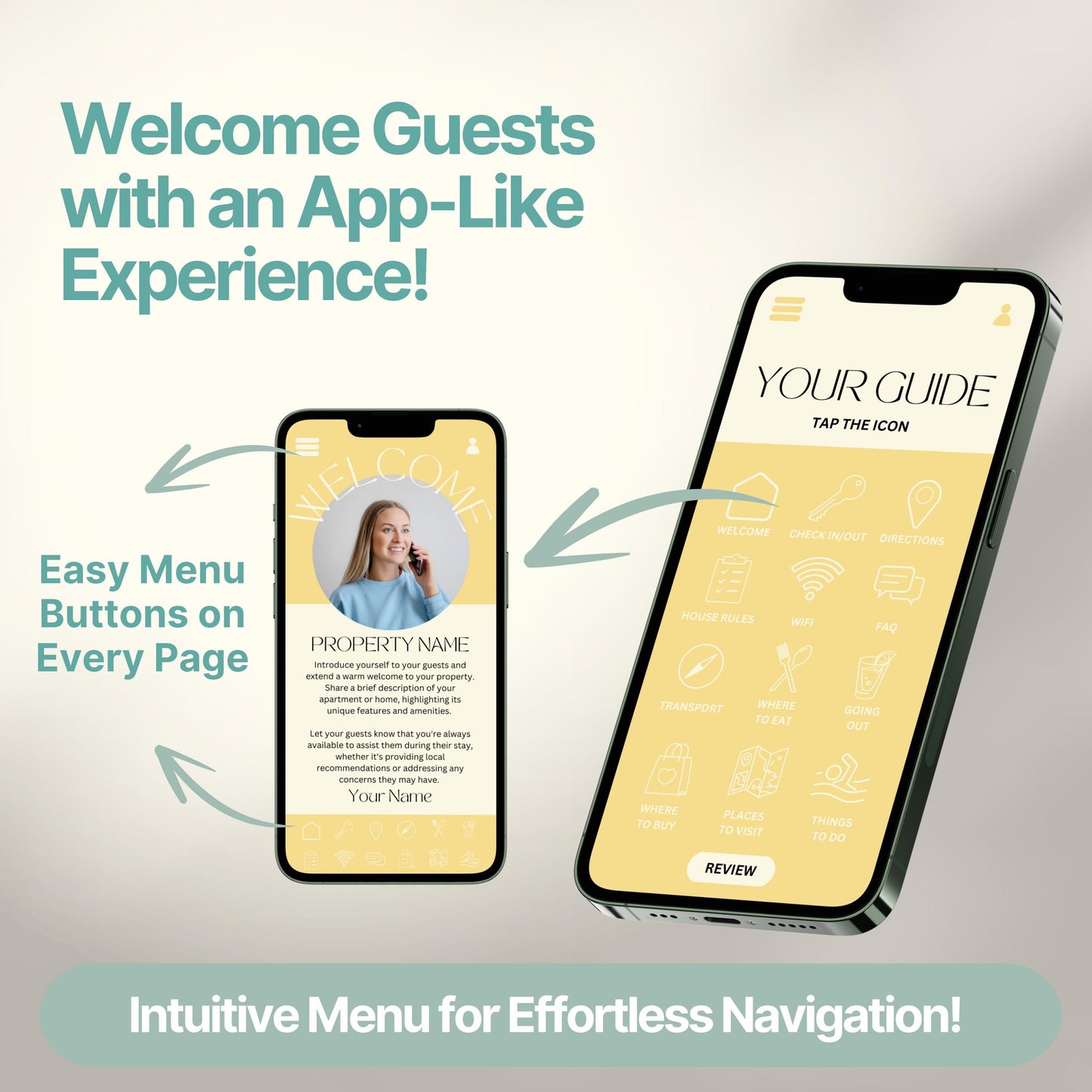 Promotional graphic showing a digital Airbnb welcome guide designed to mimic a mobile app. 