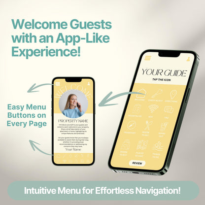 Promotional graphic showing a digital Airbnb welcome guide designed to mimic a mobile app. 