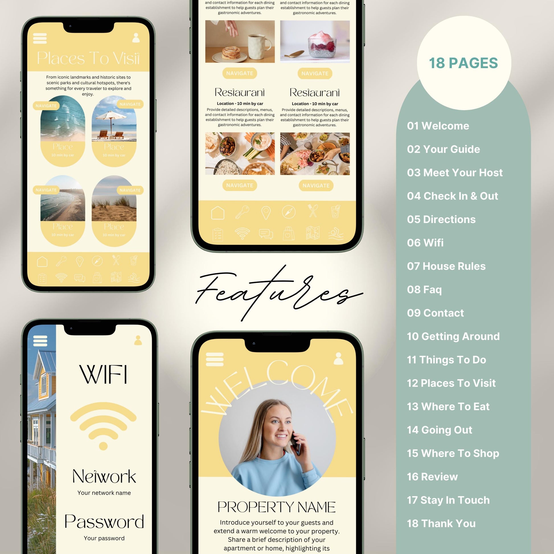 Digital welcome book preview displayed on four smartphone screens, showcasing a mobile-friendly Airbnb or short-term rental guide. The interface features beautifully designed sections such as “Welcome,” “WiFi Info,” “Places to Visit,” and “Where to Eat,” with intuitive icons and “Navigate” buttons.