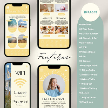 Digital welcome book preview displayed on four smartphone screens, showcasing a mobile-friendly Airbnb or short-term rental guide. The interface features beautifully designed sections such as “Welcome,” “WiFi Info,” “Places to Visit,” and “Where to Eat,” with intuitive icons and “Navigate” buttons.
