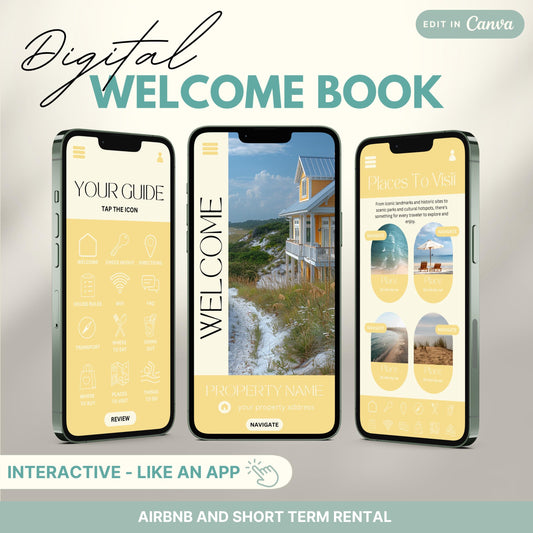 A promotional image for a digital Airbnb Welcome Book template, designed to look and function like an app.