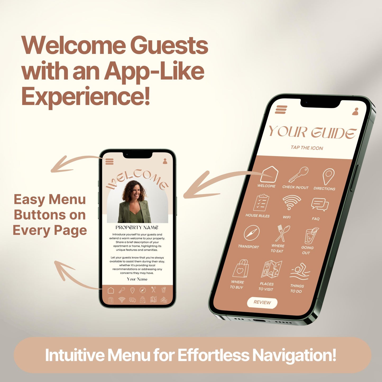 Promotional graphic showing a digital Airbnb welcome guide designed to mimic a mobile app. 