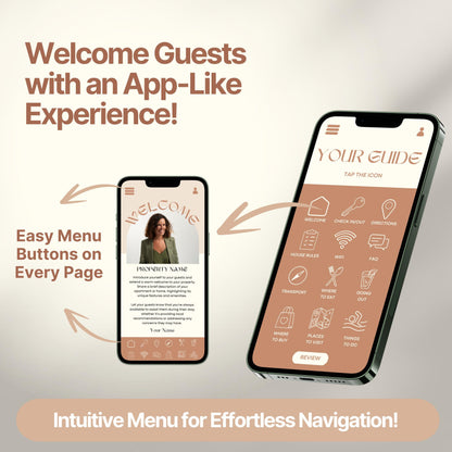 Promotional graphic showing a digital Airbnb welcome guide designed to mimic a mobile app. 