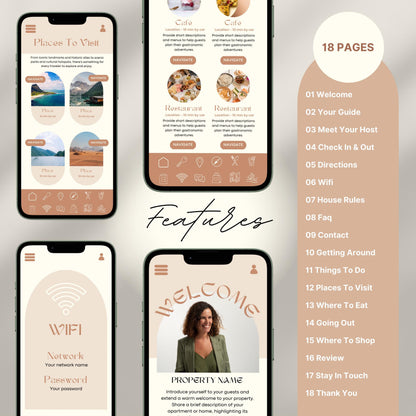 Digital welcome book preview displayed on four smartphone screens, showcasing a mobile-friendly Airbnb or short-term rental guide. The interface features beautifully designed sections such as “Welcome,” “WiFi Info,” “Places to Visit,” and “Where to Eat,” with intuitive icons and “Navigate” buttons.