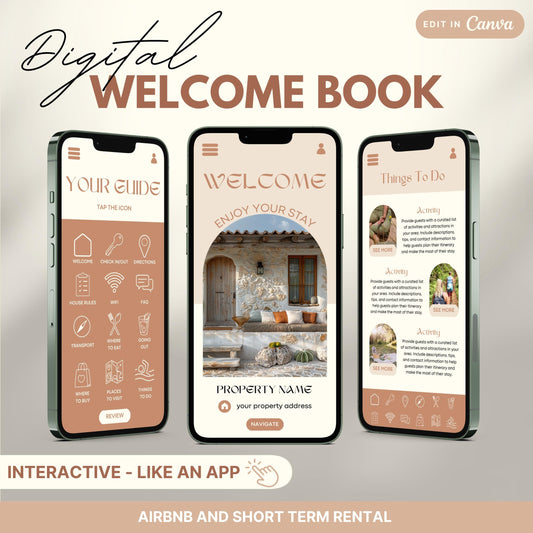 A promotional image for a digital Airbnb Welcome Book template, designed to look and function like an app.