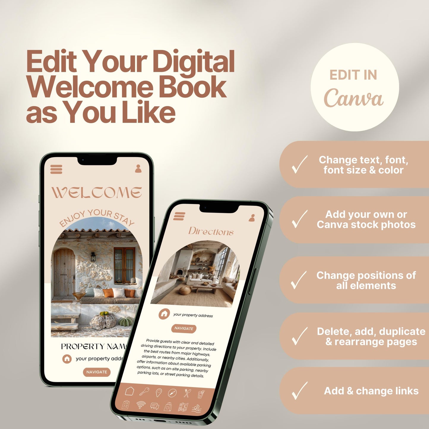 Two smartphones showcase an editable digital Airbnb welcome book. On the right side, a list highlights customization features in Canva: change text, font, and colors; add photos; move elements; edit pages; and update links. The design emphasizes full creative control for hosts.