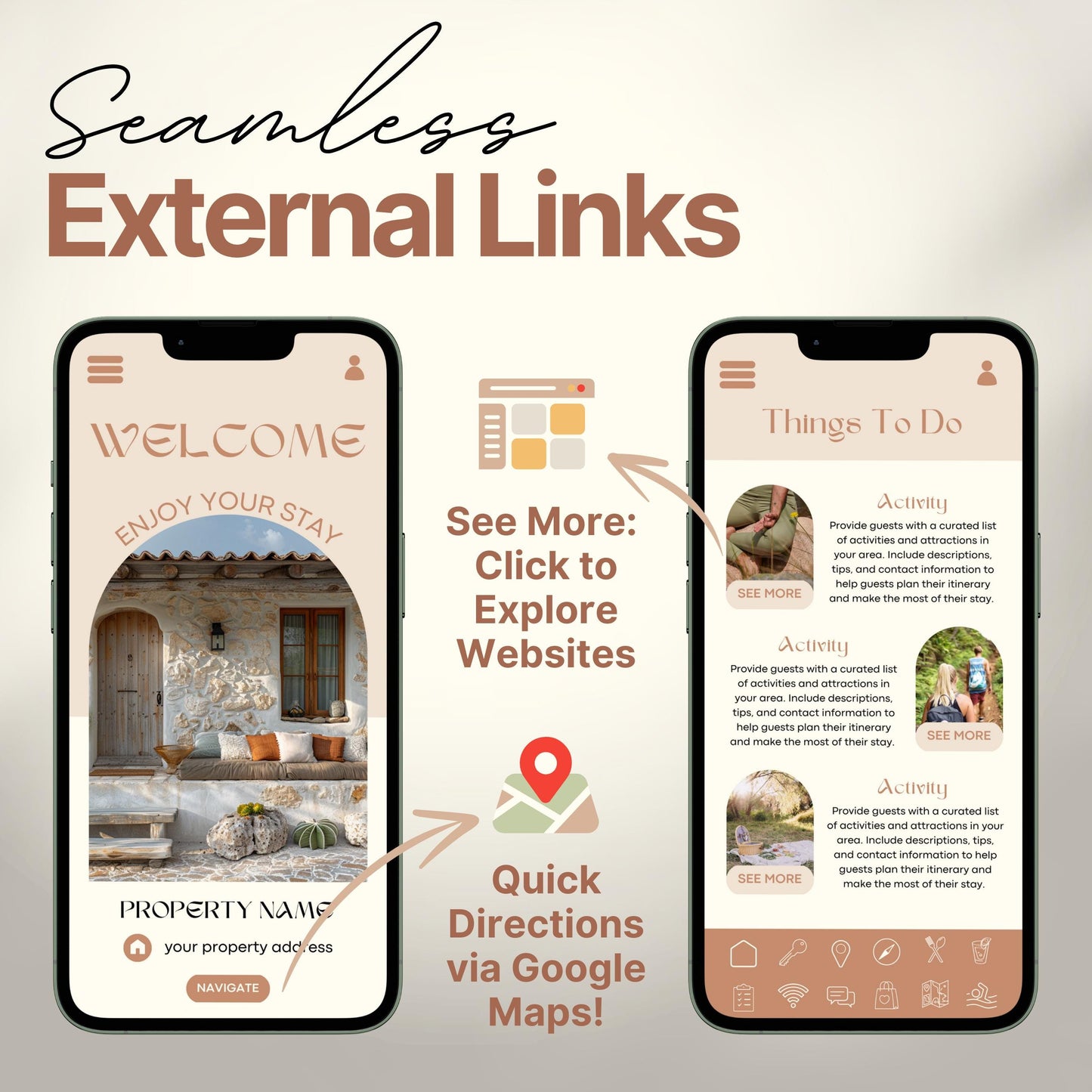 Arrows and icons highlight features like "See More: Click to Explore Websites" and "Quick Directions via Google Maps!" The design emphasizes seamless integration of external links for an interactive guest experience.