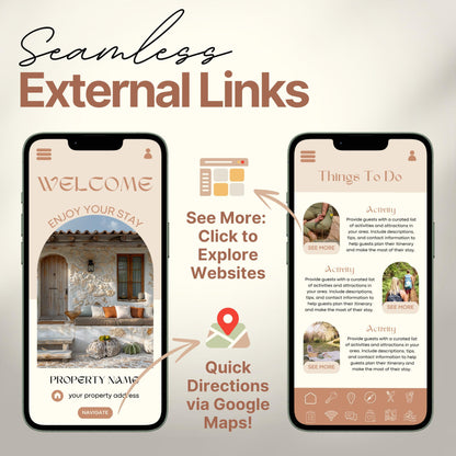 Arrows and icons highlight features like "See More: Click to Explore Websites" and "Quick Directions via Google Maps!" The design emphasizes seamless integration of external links for an interactive guest experience.