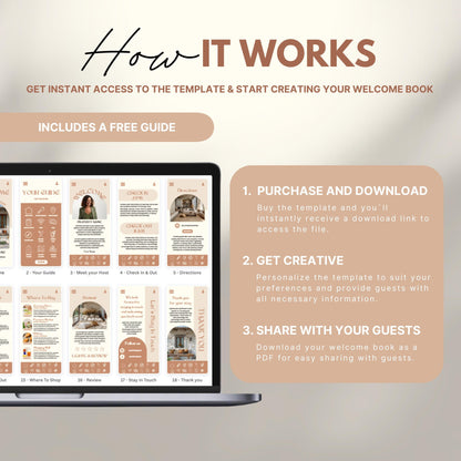 A promotional image explains how to use a digital Airbnb welcome book template. The text reads "How It Works" with a subheading, "Get instant access to the template & start creating your welcome book." A laptop displays thumbnails of different template pages. Three steps are highlighted in a peach-colored box: 1) Purchase and download, 2) Get creative by personalizing, and 3) Share with your guests as a PDF.