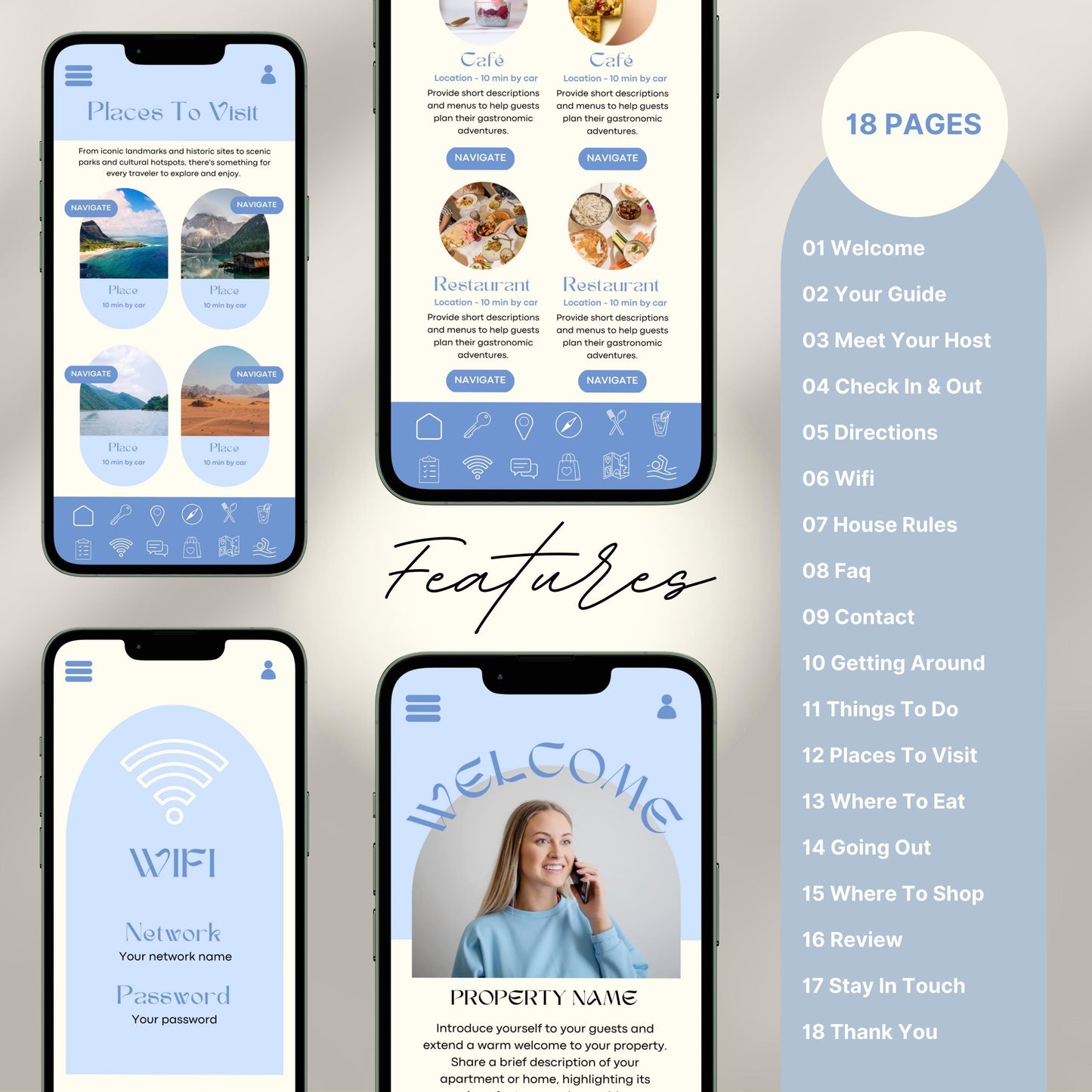 Digital welcome book preview displayed on four smartphone screens, showcasing a mobile-friendly Airbnb or short-term rental guide. The interface features beautifully designed sections such as “Welcome,” “WiFi Info,” “Places to Visit,” and “Where to Eat,” with intuitive icons and “Navigate” buttons.