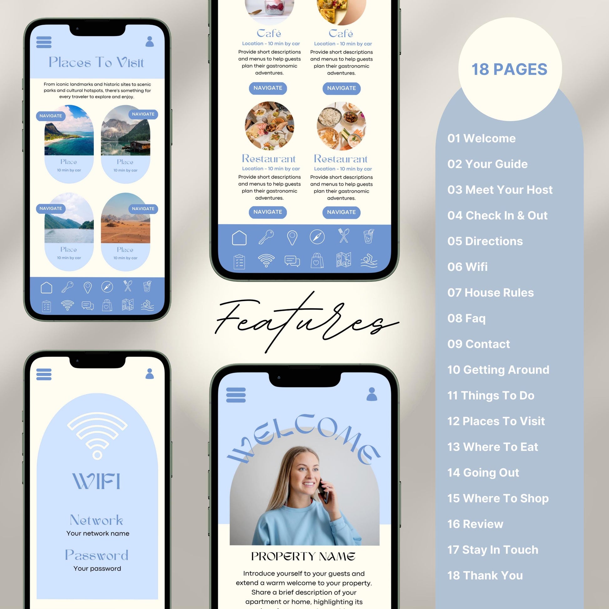 Digital welcome book preview displayed on four smartphone screens, showcasing a mobile-friendly Airbnb or short-term rental guide. The interface features beautifully designed sections such as “Welcome,” “WiFi Info,” “Places to Visit,” and “Where to Eat,” with intuitive icons and “Navigate” buttons.