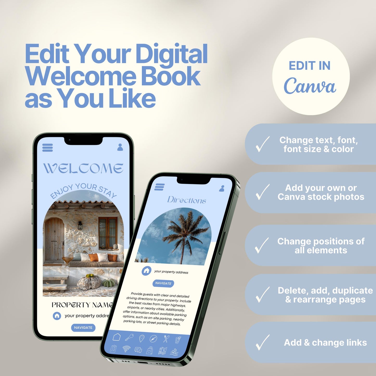 Editable Airbnb host welcome guide template, featuring welcome messages, house description, and host introduction. Includes checklist of customizable elements such as text, photos, layout, and links, all editable in Canva.