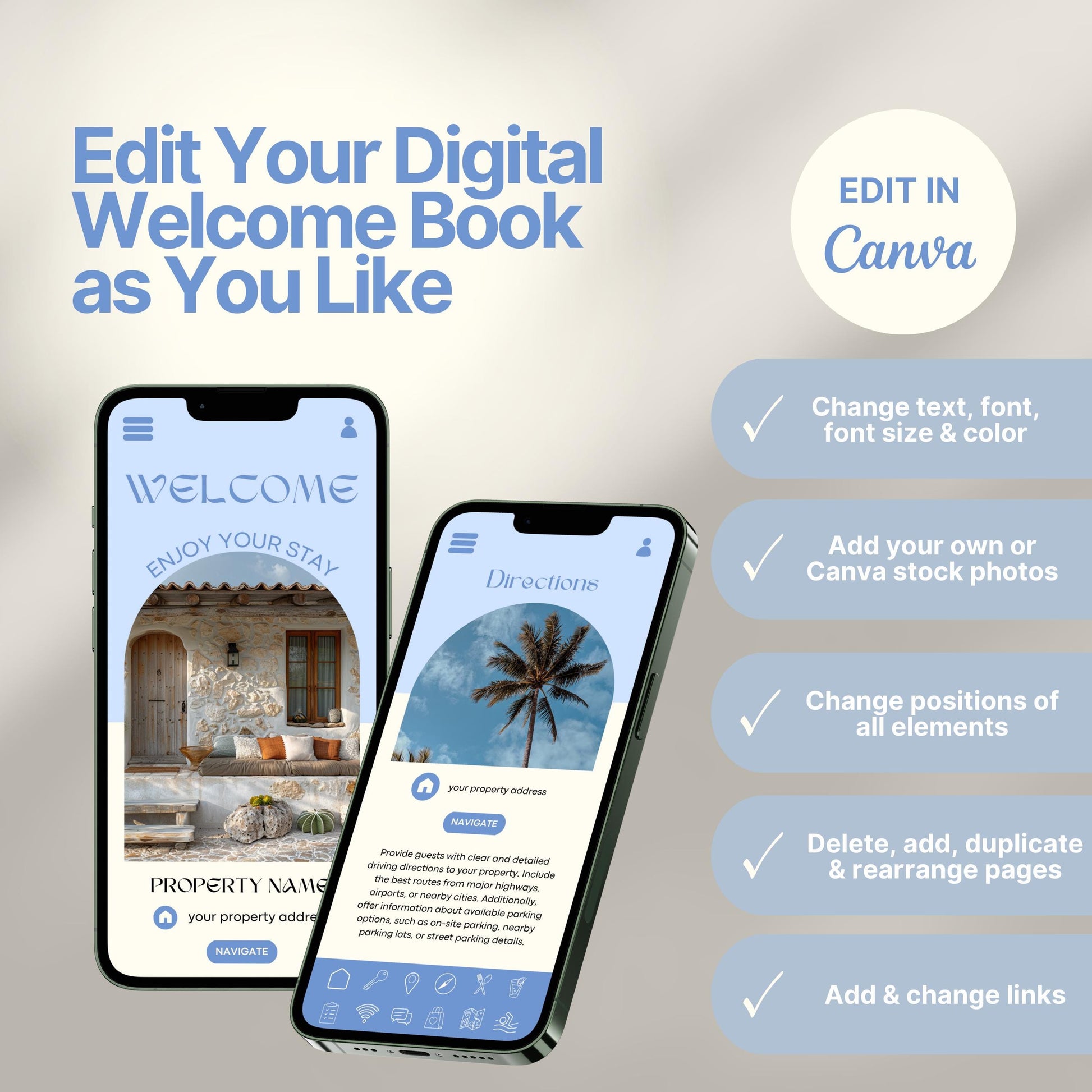 Editable Airbnb host welcome guide template, featuring welcome messages, house description, and host introduction. Includes checklist of customizable elements such as text, photos, layout, and links, all editable in Canva.