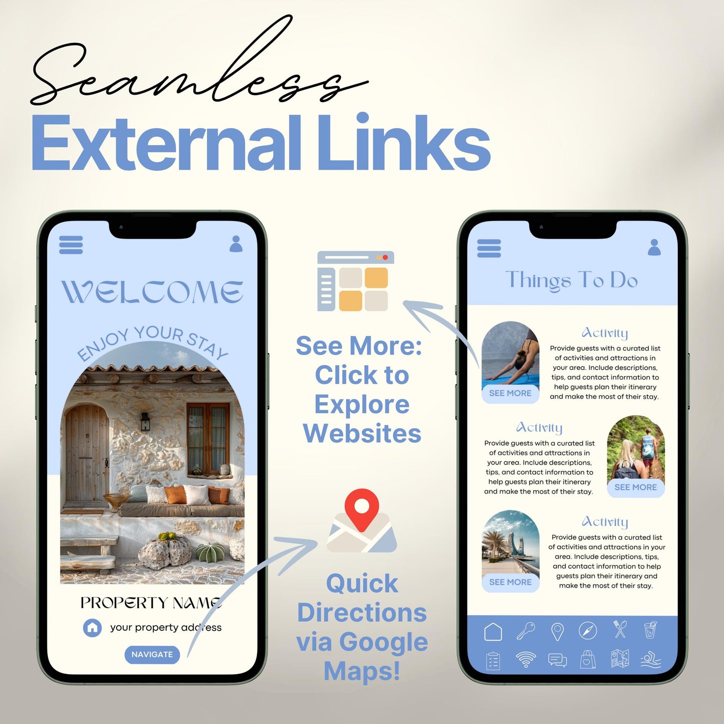 Arrows and icons highlight features like "See More: Click to Explore Websites" and "Quick Directions via Google Maps!" The design emphasizes seamless integration of external links for an interactive guest experience.