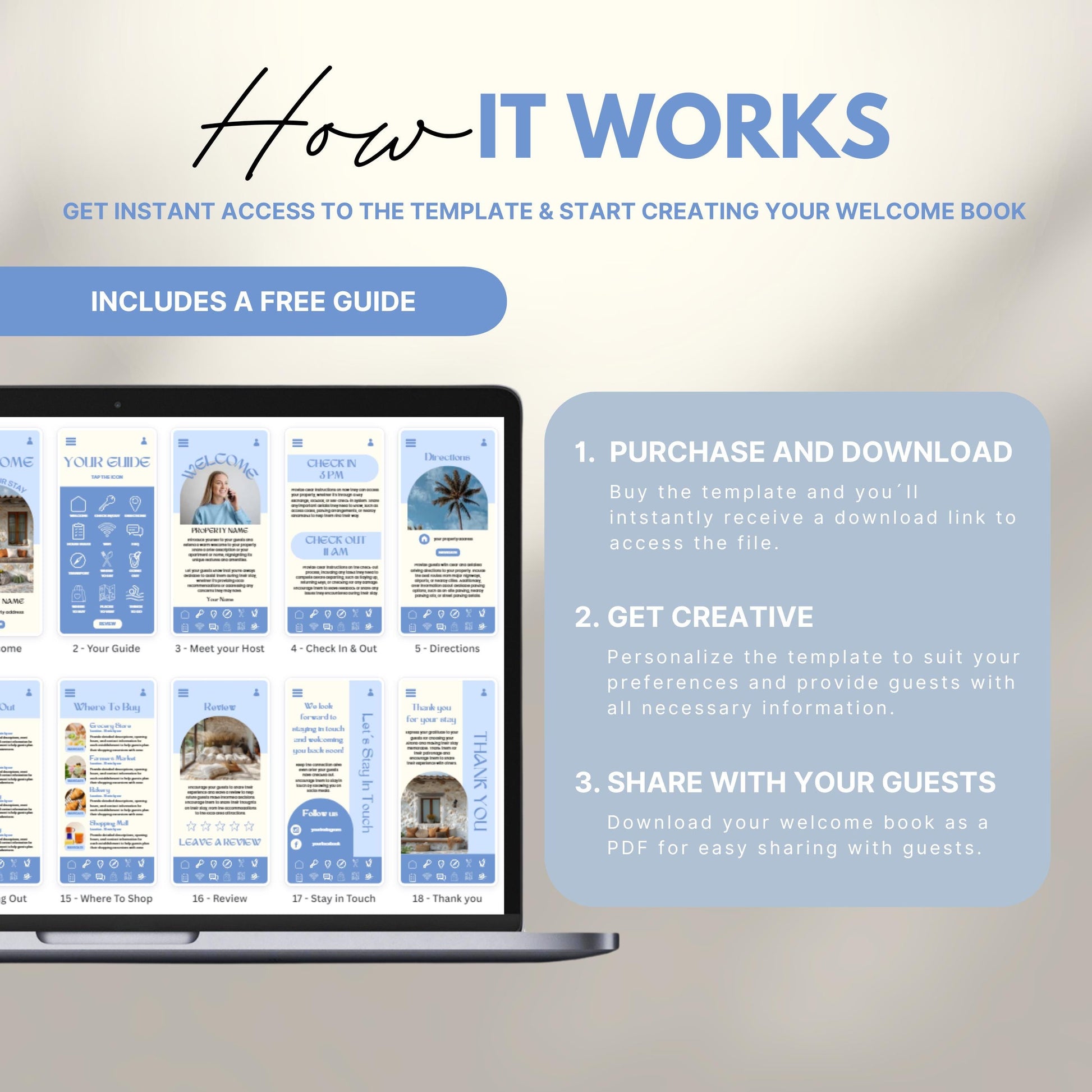 A promotional image explains how to use a digital Airbnb welcome book template. The text reads "How It Works" with a subheading, "Get instant access to the template & start creating your welcome book." A laptop displays thumbnails of different template pages. Three steps are highlighted in a peach-colored box: 1) Purchase and download, 2) Get creative by personalizing, and 3) Share with your guests as a PDF.