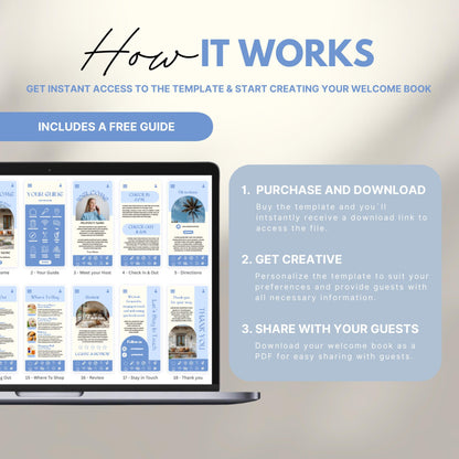 A promotional image explains how to use a digital Airbnb welcome book template. The text reads "How It Works" with a subheading, "Get instant access to the template & start creating your welcome book." A laptop displays thumbnails of different template pages. Three steps are highlighted in a peach-colored box: 1) Purchase and download, 2) Get creative by personalizing, and 3) Share with your guests as a PDF.