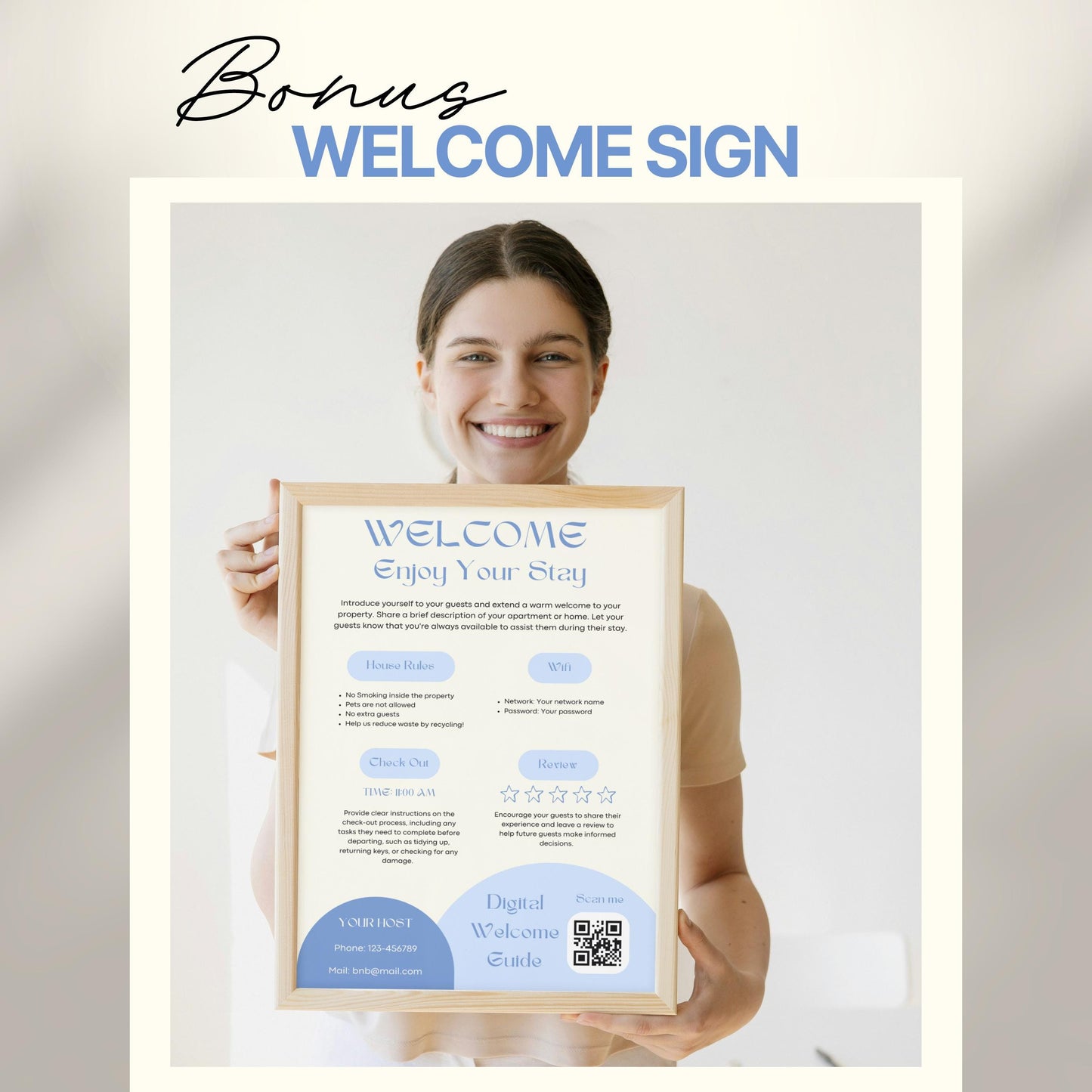 A smiling woman holds a framed "Welcome" sign designed for Airbnb or short-term rental guests. The sign includes sections for house rules, WiFi details, check-out time, review encouragement, and host contact information.