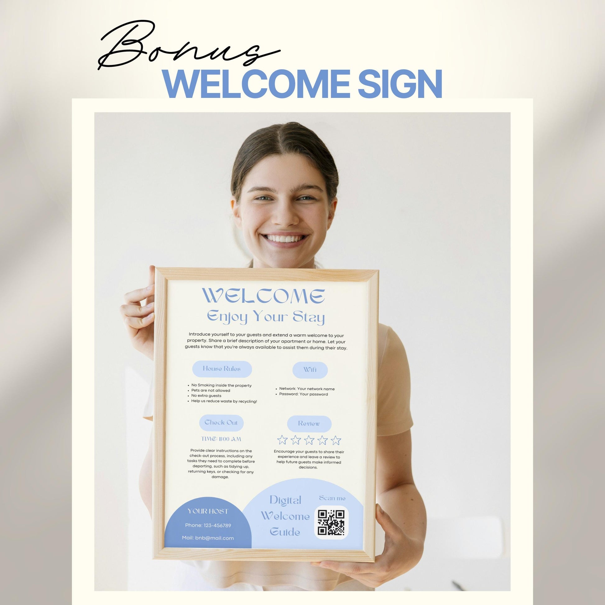 A smiling woman holds a framed "Welcome" sign designed for Airbnb or short-term rental guests. The sign includes sections for house rules, WiFi details, check-out time, review encouragement, and host contact information.