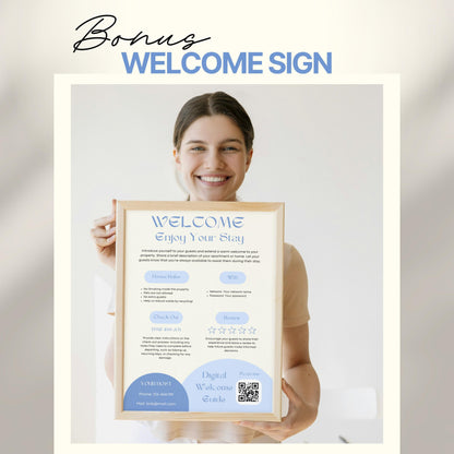 A smiling woman holds a framed "Welcome" sign designed for Airbnb or short-term rental guests. The sign includes sections for house rules, WiFi details, check-out time, review encouragement, and host contact information.
