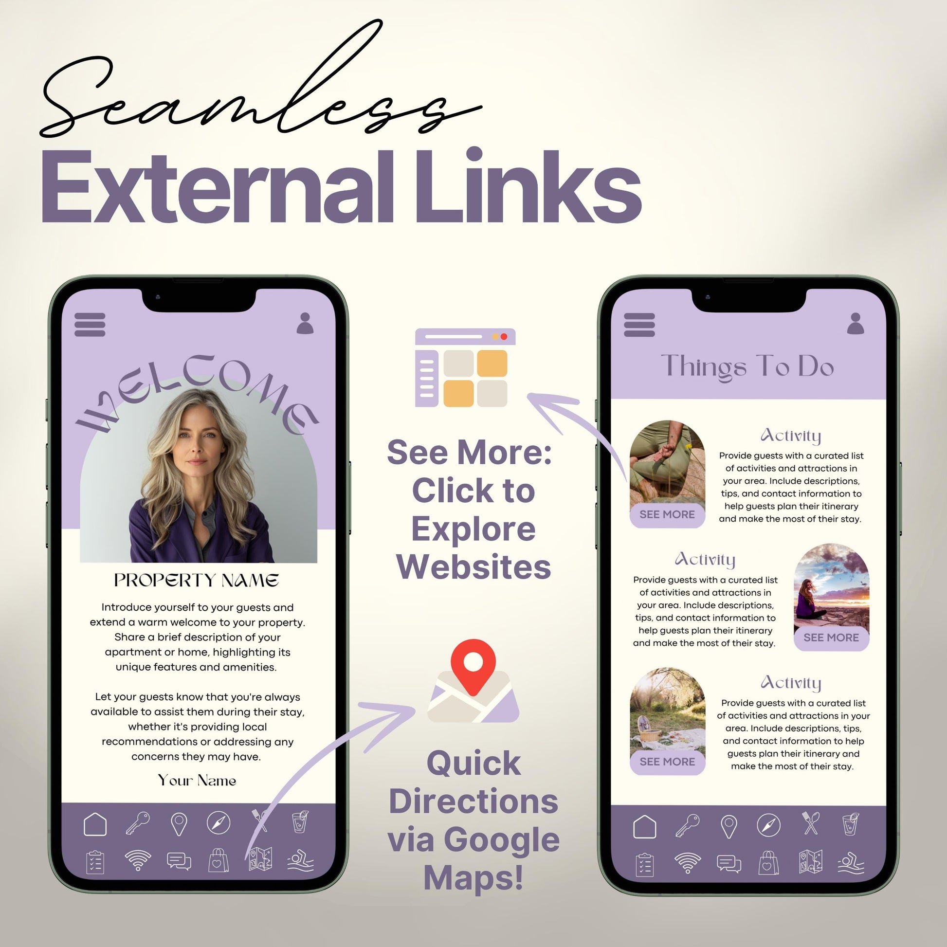 Arrows and icons highlight features like "See More: Click to Explore Websites" and "Quick Directions via Google Maps!" The design emphasizes seamless integration of external links for an interactive guest experience.