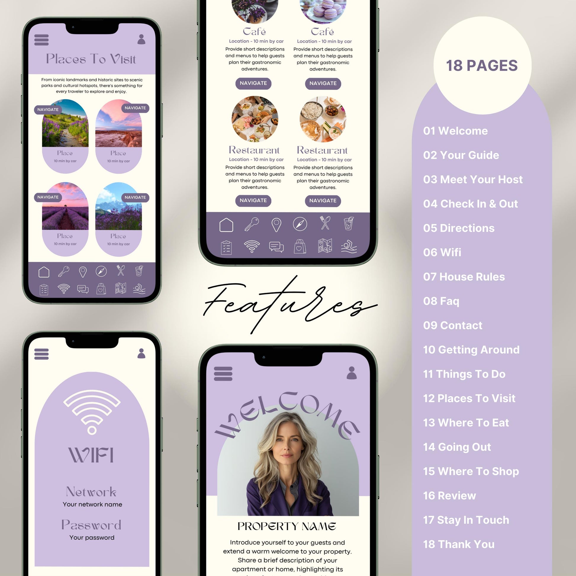 Digital welcome book preview displayed on four smartphone screens, showcasing a mobile-friendly Airbnb or short-term rental guide. The interface features beautifully designed sections such as “Welcome,” “WiFi Info,” “Places to Visit,” and “Where to Eat,” with intuitive icons and “Navigate” buttons.