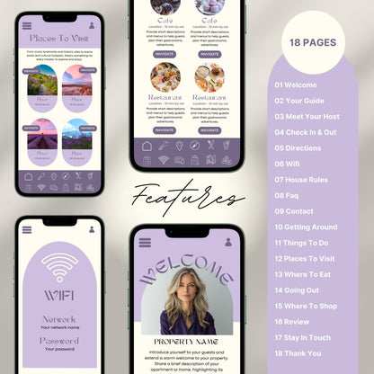 Digital welcome book preview displayed on four smartphone screens, showcasing a mobile-friendly Airbnb or short-term rental guide. The interface features beautifully designed sections such as “Welcome,” “WiFi Info,” “Places to Visit,” and “Where to Eat,” with intuitive icons and “Navigate” buttons.