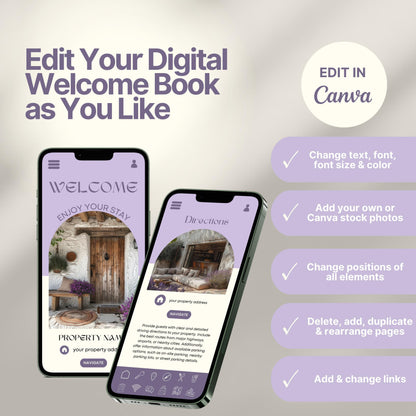 Editable Airbnb host welcome guide template, featuring welcome messages, house description, and host introduction. Includes checklist of customizable elements such as text, photos, layout, and links, all editable in Canva.