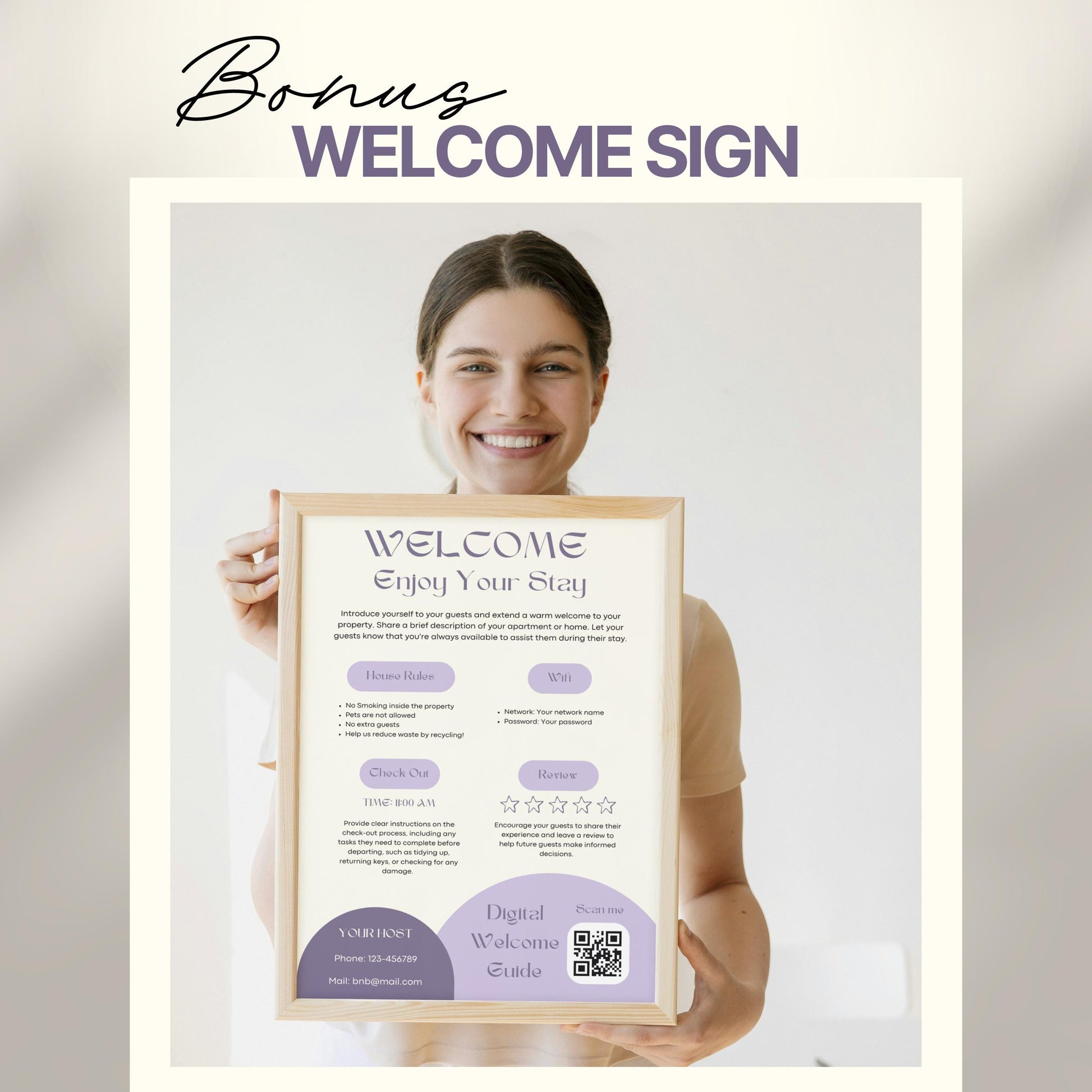 A smiling woman holds a framed "Welcome" sign designed for Airbnb or short-term rental guests. The sign includes sections for house rules, WiFi details, check-out time, review encouragement, and host contact information.