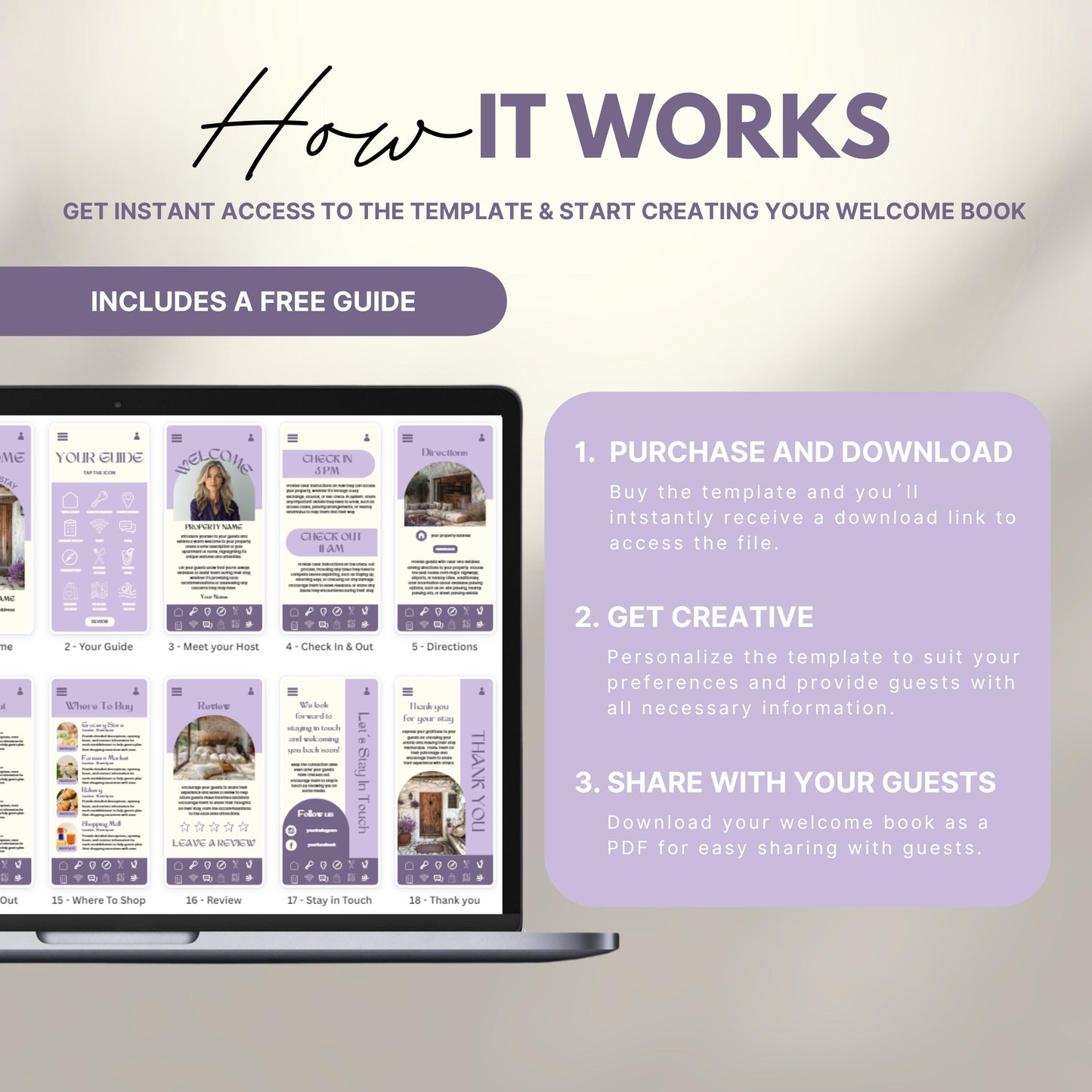 A promotional image explains how to use a digital Airbnb welcome book template. The text reads "How It Works" with a subheading, "Get instant access to the template & start creating your welcome book." A laptop displays thumbnails of different template pages. Three steps are highlighted in a peach-colored box: 1) Purchase and download, 2) Get creative by personalizing, and 3) Share with your guests as a PDF.