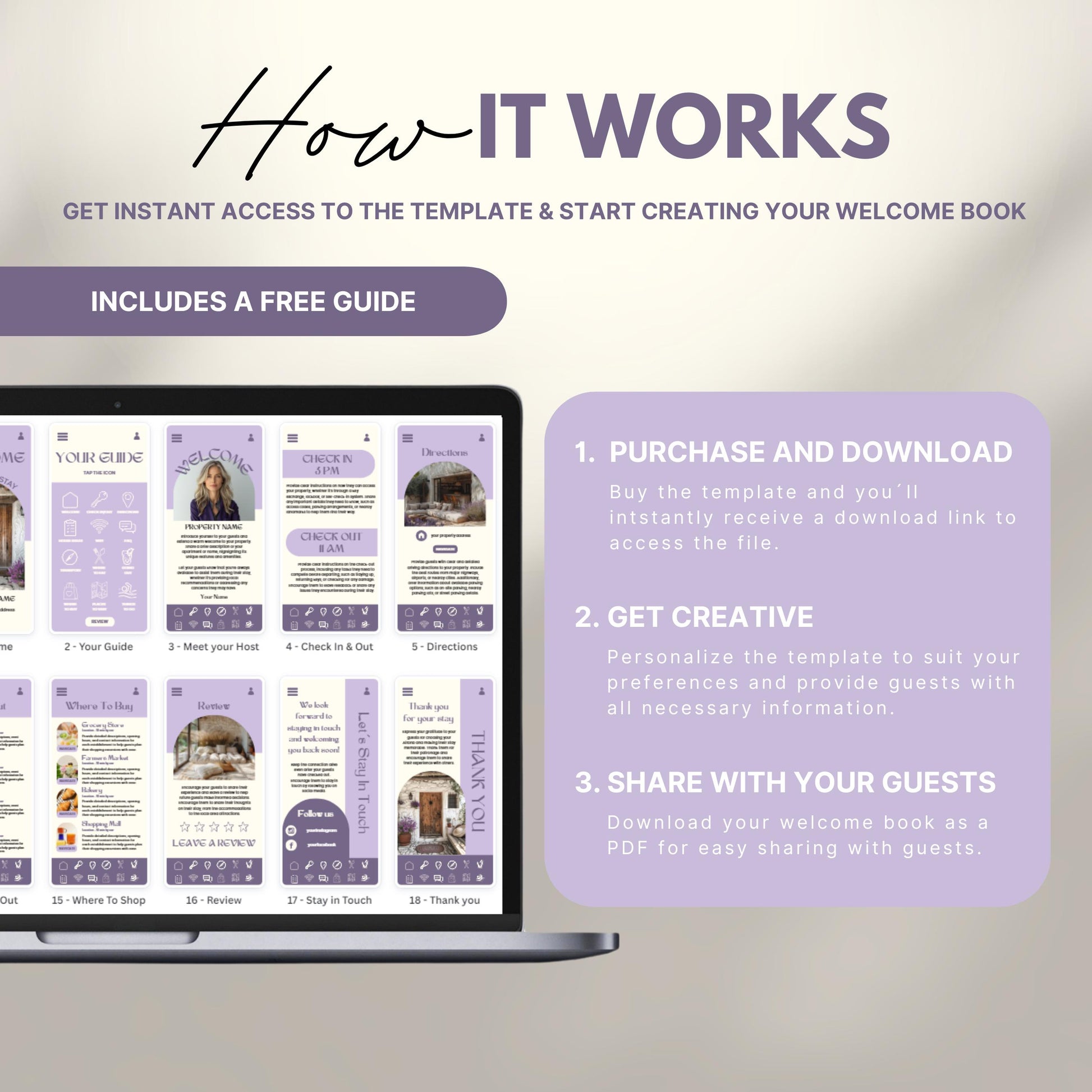 A promotional image explains how to use a digital Airbnb welcome book template. The text reads "How It Works" with a subheading, "Get instant access to the template & start creating your welcome book." A laptop displays thumbnails of different template pages. Three steps are highlighted in a peach-colored box: 1) Purchase and download, 2) Get creative by personalizing, and 3) Share with your guests as a PDF.