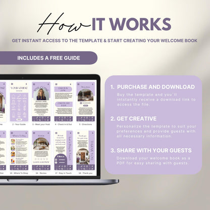 A promotional image explains how to use a digital Airbnb welcome book template. The text reads "How It Works" with a subheading, "Get instant access to the template & start creating your welcome book." A laptop displays thumbnails of different template pages. Three steps are highlighted in a peach-colored box: 1) Purchase and download, 2) Get creative by personalizing, and 3) Share with your guests as a PDF.